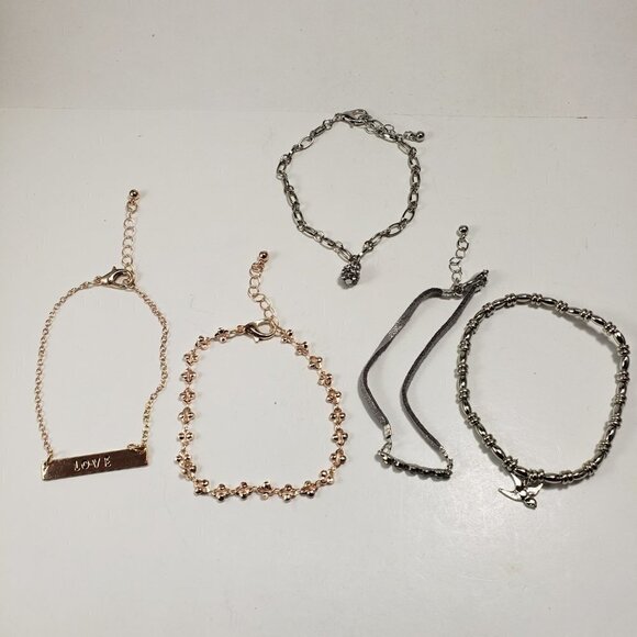 Set of 5 Bracelets: Rose Gold-tone, Gold-tone, Leather, and Silver-tone & Charms - Picture 3 of 5